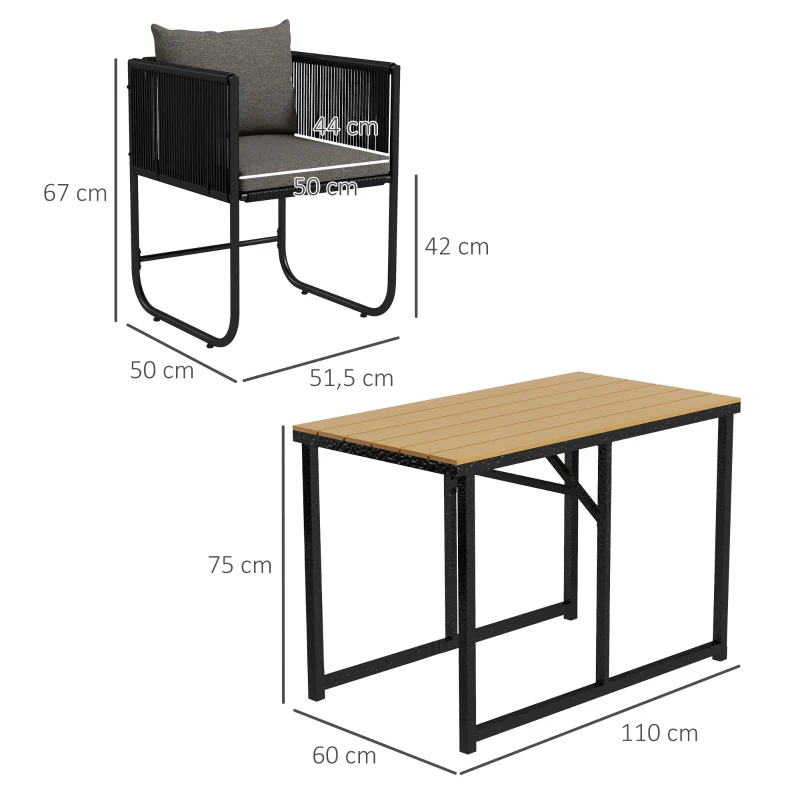 Outsunny Conjunto de jardín 3 piezas con 1 mesa y 2 sillones 4 cojines mesa en compuesto de madera efecto madera Negro