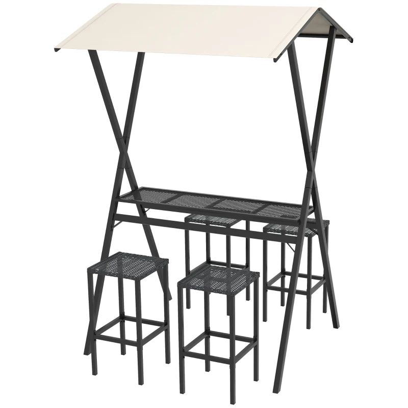Outsunny Set di Mobili da Bar per Rsterni, Design in Rattan, 4 Sgabelli da Bar e 1 Alto Tavolo da Bar, con Tetto, Telaio in Metallo, Nero e Khaki
