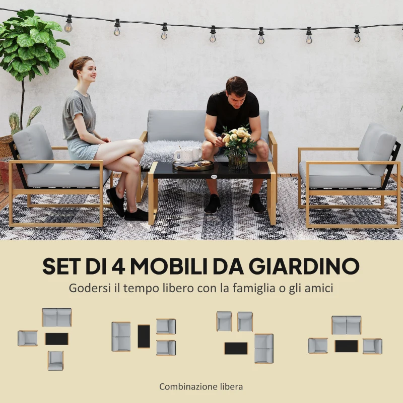 Outsunny Set da Giardino 4 Pezzi con 2 Poltrone, Divanetto e Tavolino, in Alluminio e Fibra, Grigio e color Legno