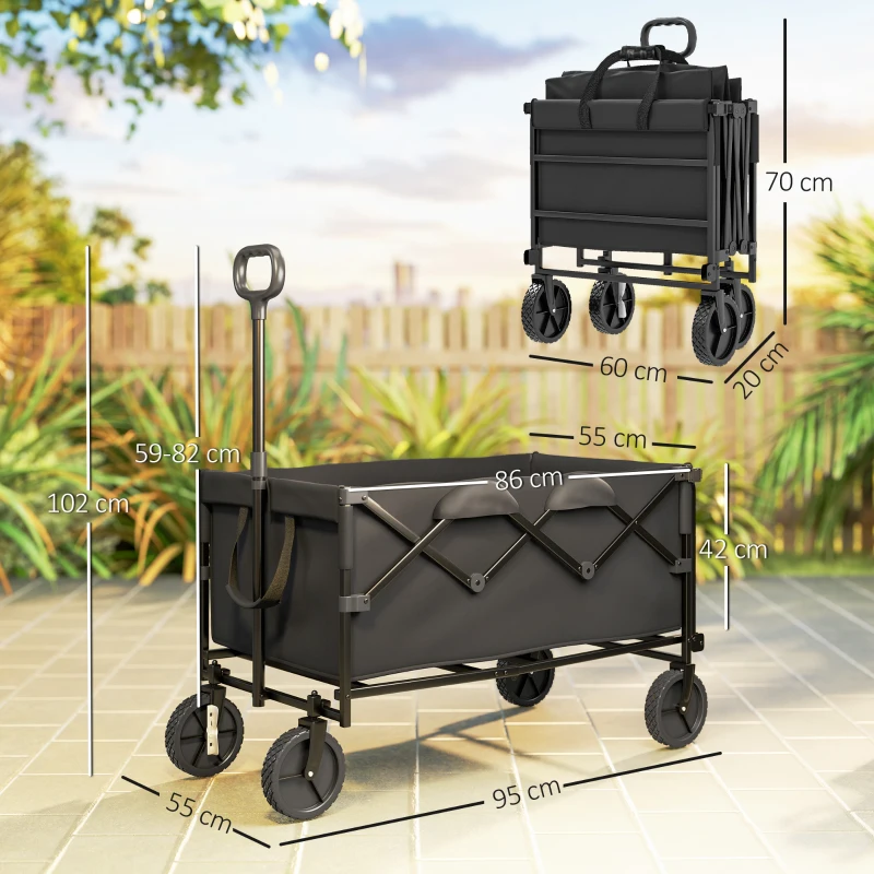 Outsunny Cărucior de Grădină de 160L cu 4 Roți, Geantă Extensibilă, Mâner Rotativ și Reglabil, 95x55x102 cm, Negru