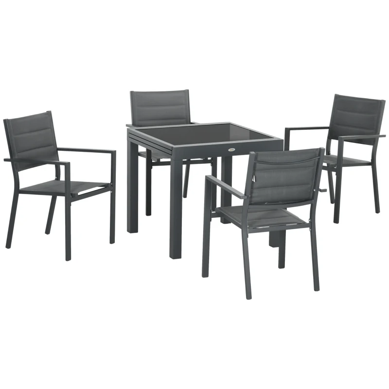 Outsunny Set da Giardino con Tavolo Estensibile e 4 Sedie Impilabili in Alluminio e Textilene, per 4 Persone, Grigio