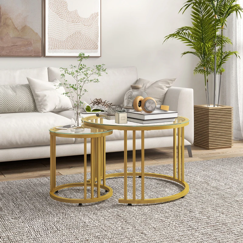 HOMCOM Conjunto de 2 mesas auxiliares nido redondas 60/40 cm tablero cristal templado y pie de acero al carbono diseño moderno dorado