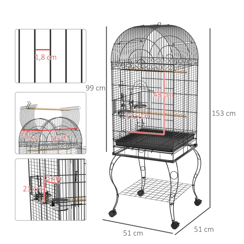 PawHut Cage à Oiseaux avec Roues Volière Extérieure avec Tiroir Amovible Grille 2 Bols Perchoir 51x51x153 cm Noir