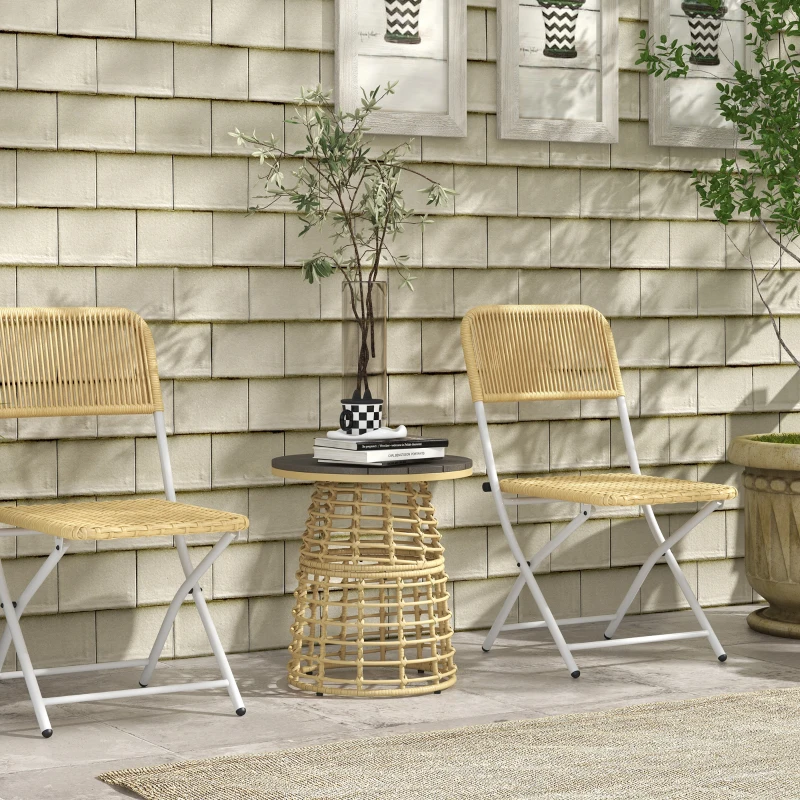 Outsunny Tavolino da Giardino Rotondo in Resina Effetto Rattan, Metallo e Piano Composito, Ø45 x 50H cm,  Legno naturale