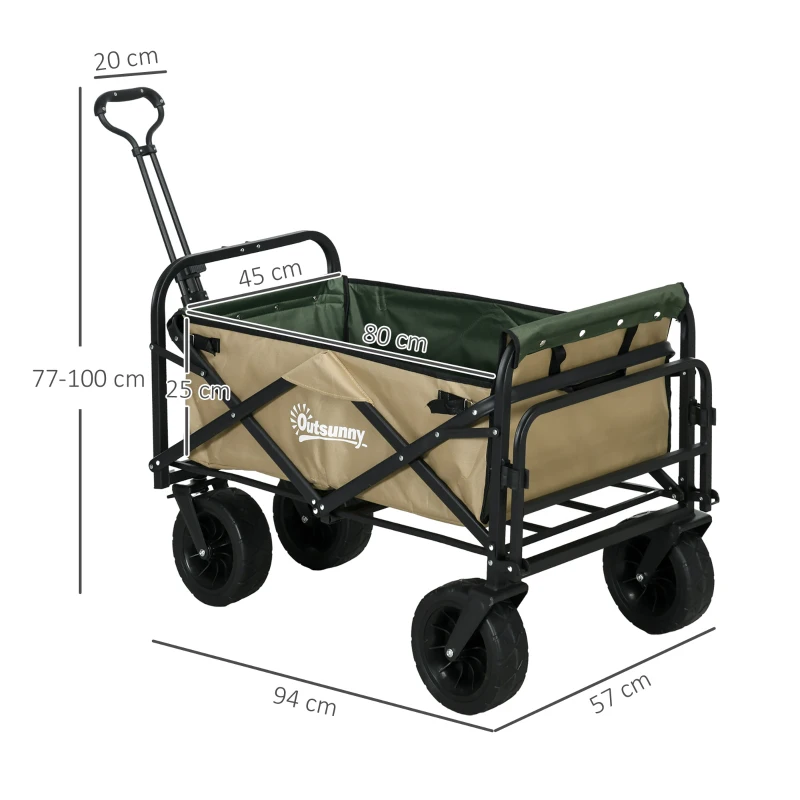 Outsunny Chariot pliant, 110 L, jusqu'à 100 kg, poignée télescopique, cadre en acier, 94 x 57 x 77-100 cm, Kaki