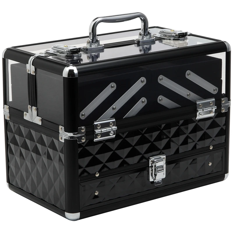 HOMCOM Make-up-Koffer - Kosmetikkoffer - Aufbewahrung von Schönheitsprodukten - Maße 30L x 18B x 22H cm - Aluminium Acryl Griffschloss Schwarz