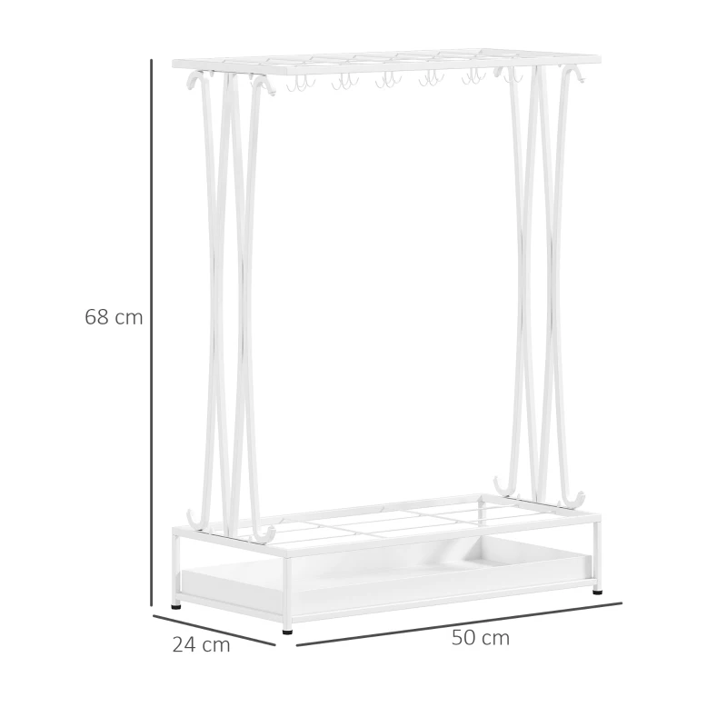 HOMCOM Moderner Regenschirmständer aus Stahl mit 21 Fächern und 24 Haken Abnehmbare Tropfschale für Eingangsbereich 50x24x68 cm Weiß