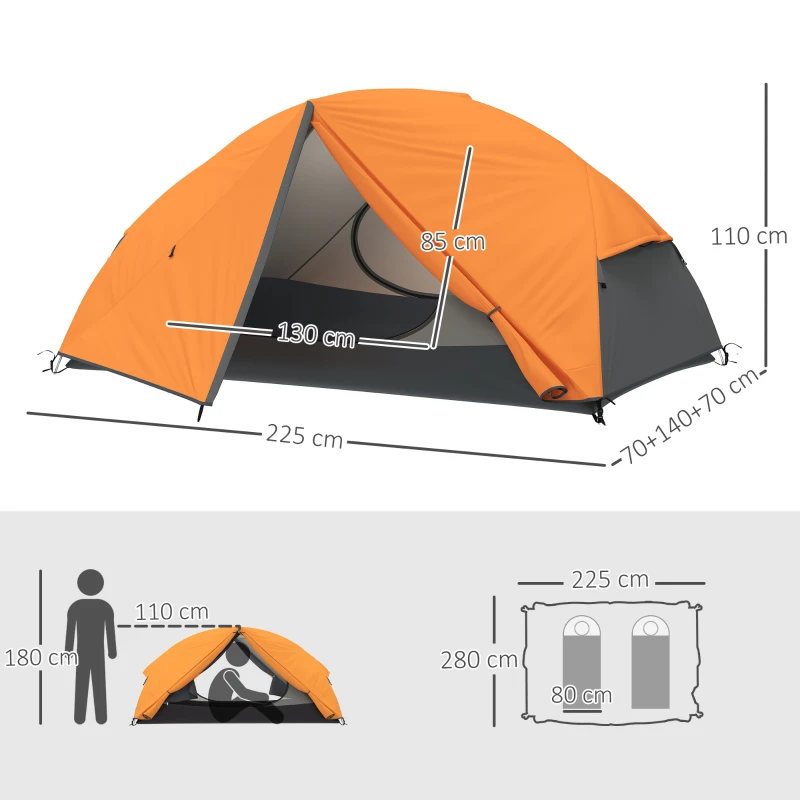 Outsunny Tenda da Campeggio 2 Posti con 2 Vestiboli, 2 Porte, 2 Finestre e Borsa di Trasporto, 2.8x2.25x1.1 cm, Arancione