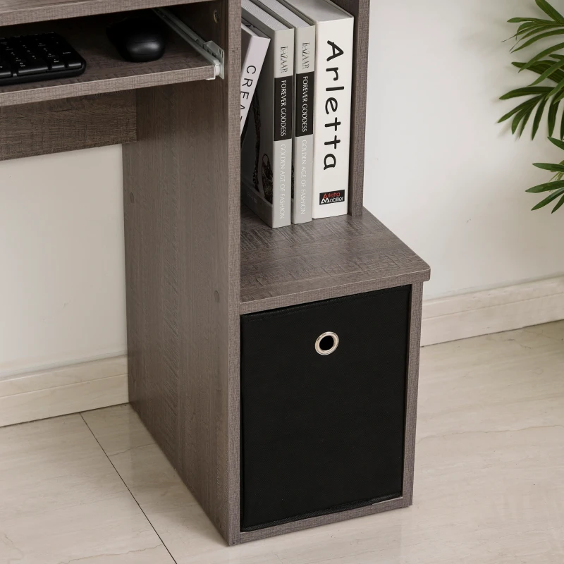 HOMCOM Scrivania Informatica Multimediale con Mensole, Ripiano per Tastiera, Cestino Nero, Pannelli di Particelle, Grigio