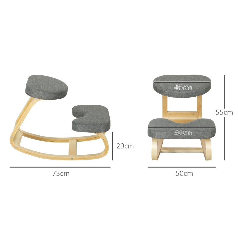 HOMCOM Kniestuhl, ergonomischer Schaukelholzstuhl, Kniestützsitz für Homeoffice, Grau