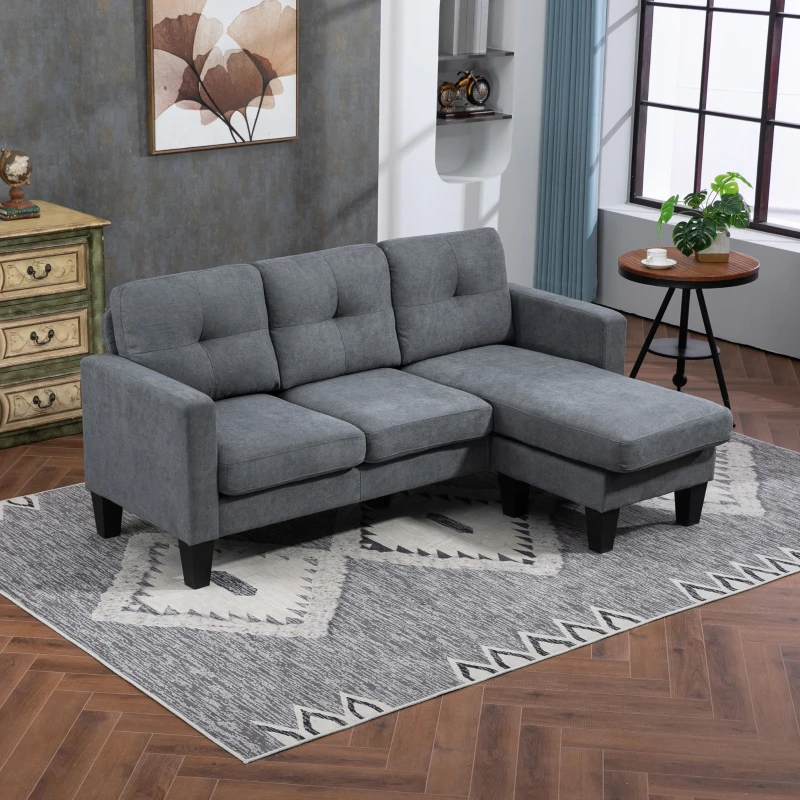 HOMCOM Divano ad Angolo 3 Posti, Chaise Longue Reversibile Sinistra o Destra, Soggiorno, Grande Comfort, Schienale Trapuntato, Grigio