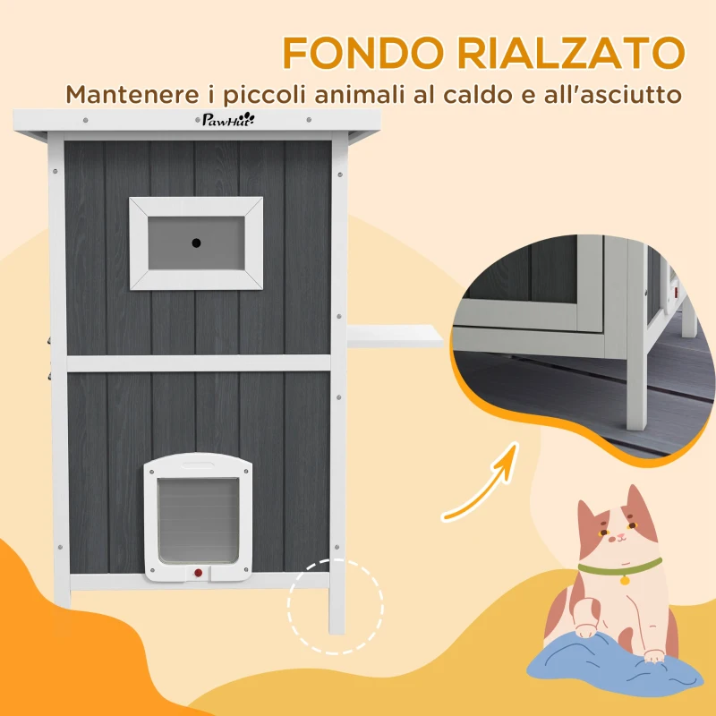 PawHut Caseta para Gatos de Exterior en Madera de 2 Niveles con Tejado de Asfalto y 4 Puertas, 60x60x90,5 cm, Gris