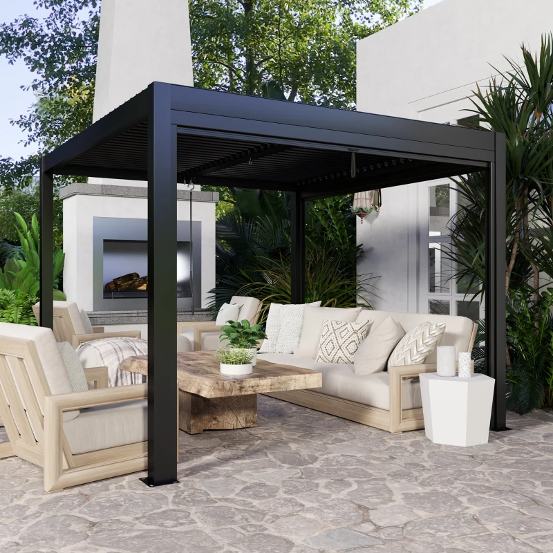 Outsunny Pérgola bioclimática exterior de aluminio 3x3 m con cortinas, sistema de drenaje oculto, Gris