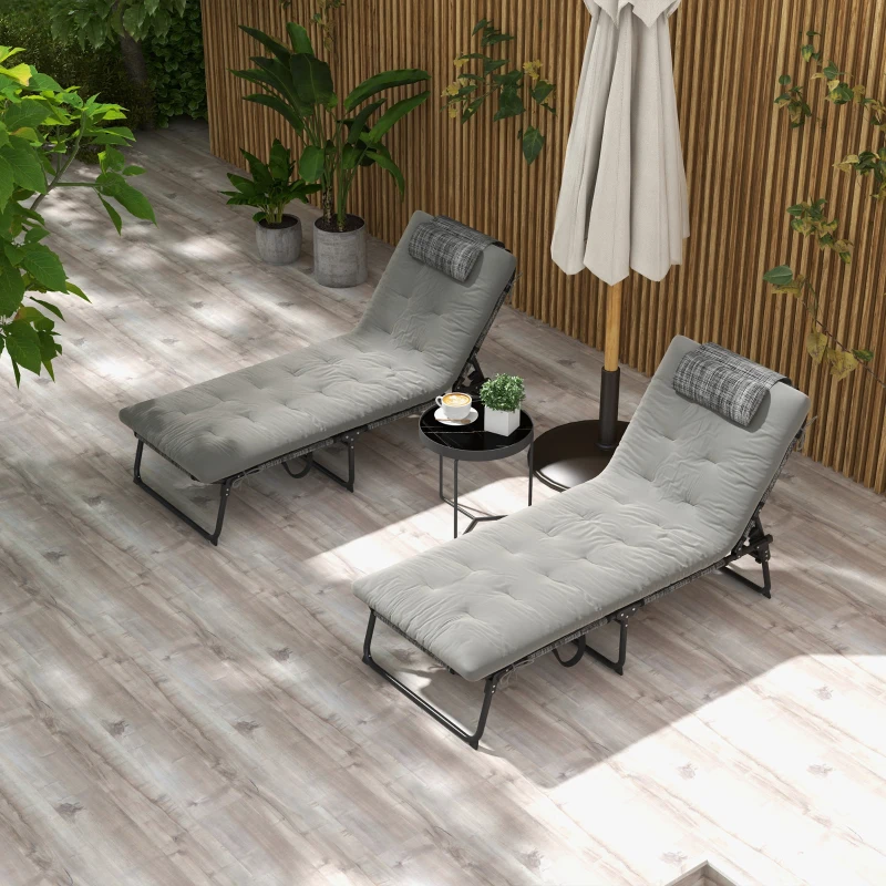 Outsunny Set mit 2 Sonnenliegen, klappbar mit verstellbarer Rückenlehne in 4 Positionen - Kopfstütze und dickes Matratzenpolster