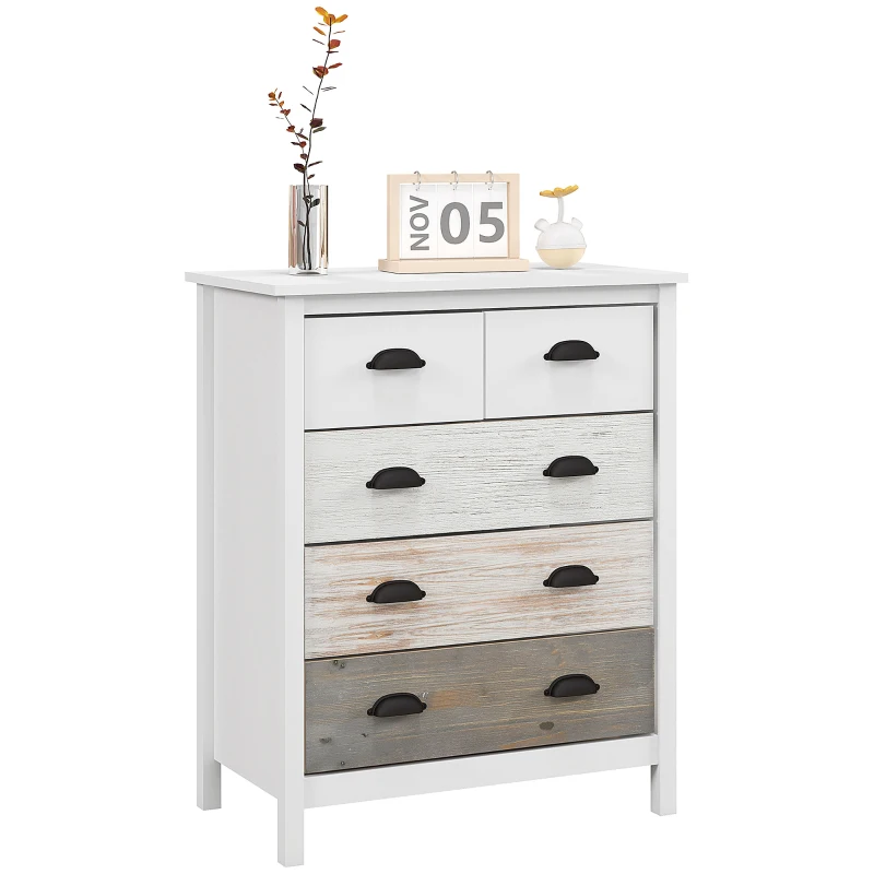 HOMCOM Credenza Cassettiera con 5 Cassetti, Superficie Laccata, MDF e Legno di Pino, 70 x 38 x 85 cm, Bianco