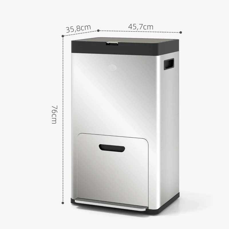 HOMCOM Papelera rectangular con pedal para cocina 3 compartimentos de cierre suave en acero inoxidable 45,7x35,8x76 cm plata
