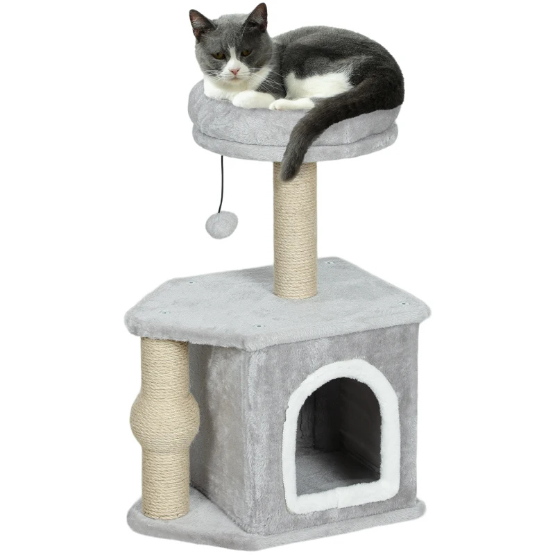 PawHut Katzenbaum Spielzeugturm für Katzen, mit Kratzsäulen, Katzenbett-Haus, 42 x 30 x 66 cm Hellgrau
