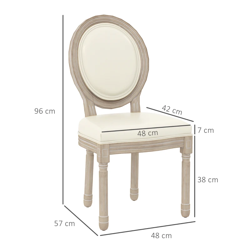 HOMCOM Conjunto de 2 sillas de comedor medallón estilo LuisXVI madera maciza patinada asiento revestimiento sintético Crema