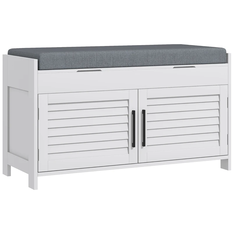 HOMCOM Banc à Chaussures avec Étagère Intérieure Réglable sur 3 Niveaux, en MDF et Simil Lino, 90x36x50 cm, Blanc et Gris