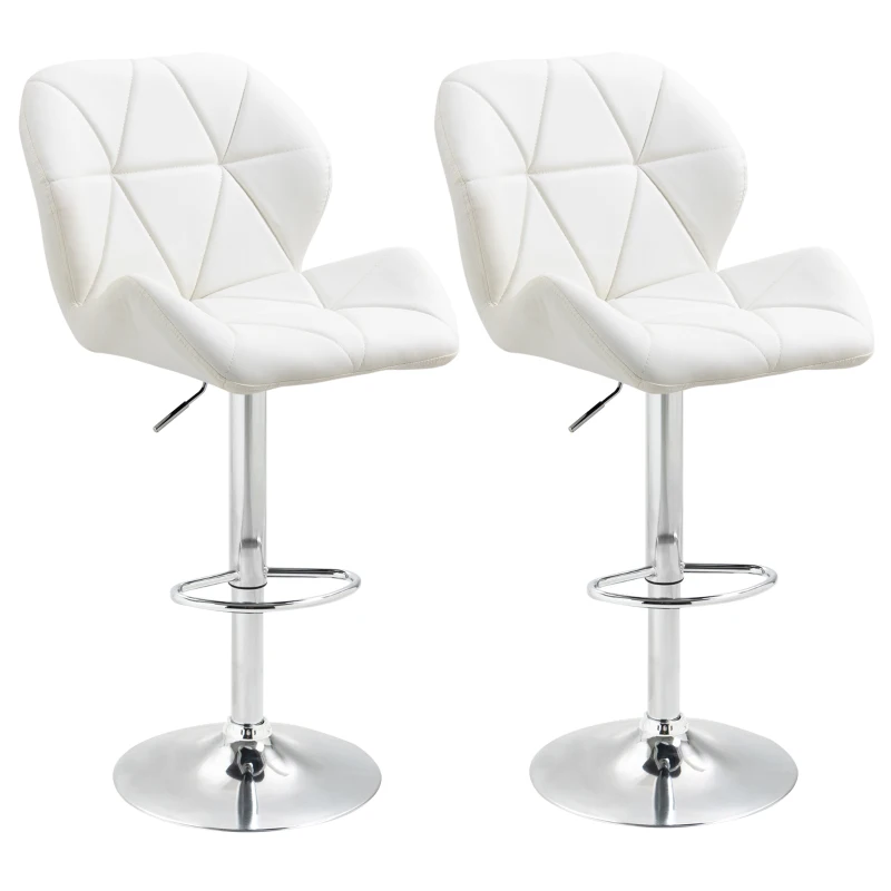 HOMCOM Ensemble 2 Tabourets de Bar avec Hauteur Réglable, Base en Métal et Siège en Similicuir, Tabourets avec Dossier et Repose-pieds, 51,5x57,5x93-114,5cm, Blanc