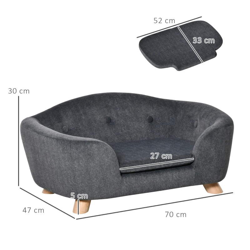 PawHut Sofá cama para perros o gatos con diseño contemporáneo, cojín mullido extraíble, patas de madera maciza, 70x47x30 cm