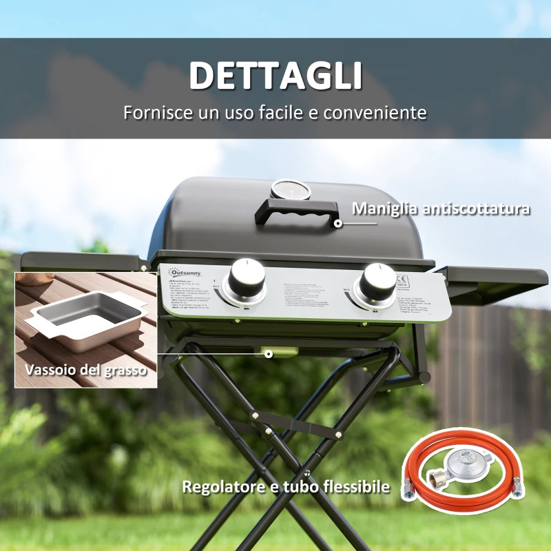 Outsunny Barbecue a Gas Portatile con 2 Bruciatori e 2 Tavolini, Coperchio con Termometro e Ruote, Nero