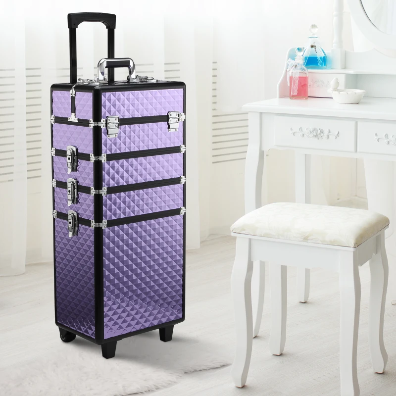HOMCOM Professioneller Make-up-Trolley, Reise-Make-up-Koffer aus Aluminium, 2 Räder, Violett 33,5x23x76/95,5 cm