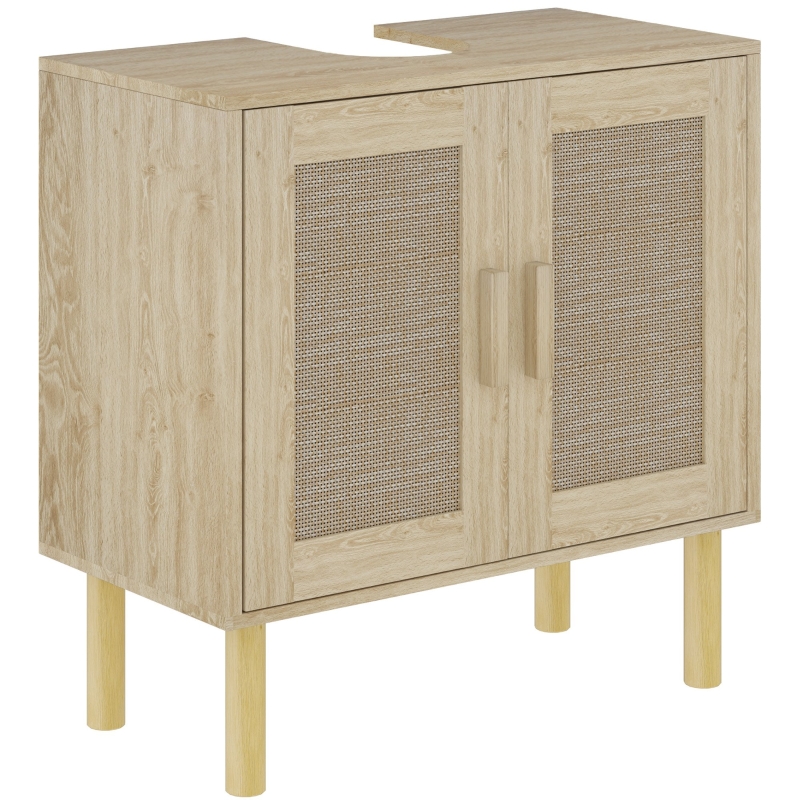 HOMCOM Mobile bagno sottolavabo mobile sottolavabo ante in rattan piedi in legno di pino 2 livelli 60 x 30 x 60 cm quercia