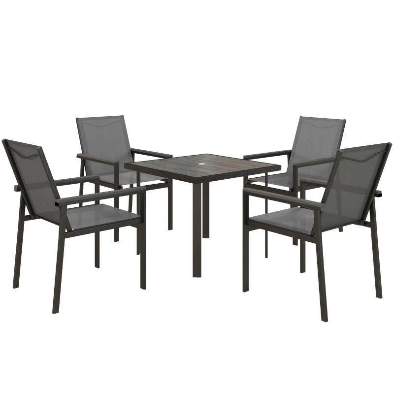 Outsunny Salón de jardín 5 piezas con 1 mesa de comedor y 4 sillas - tablero de vidrio templado con agujero para sombrilla Gris