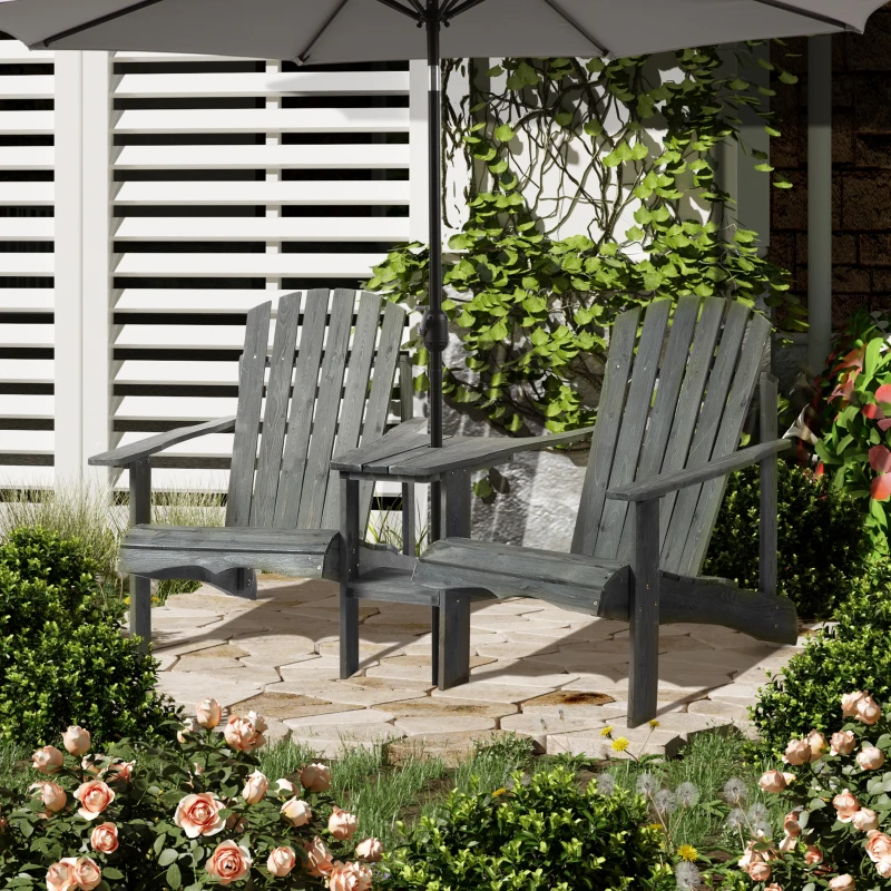 Outsunny Set di 2 Sedie da Giardino con Tavolo e Foro per Ombrellone, in Legno Massello, 170 x 87 x 92 cm, Grigio