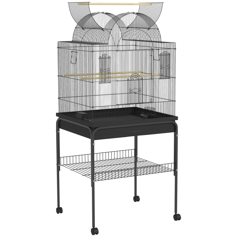 PawHut Cage à Oiseaux pour Canaris & Perruches, mobile, avec étagère inférieure, grille en métal, Noir