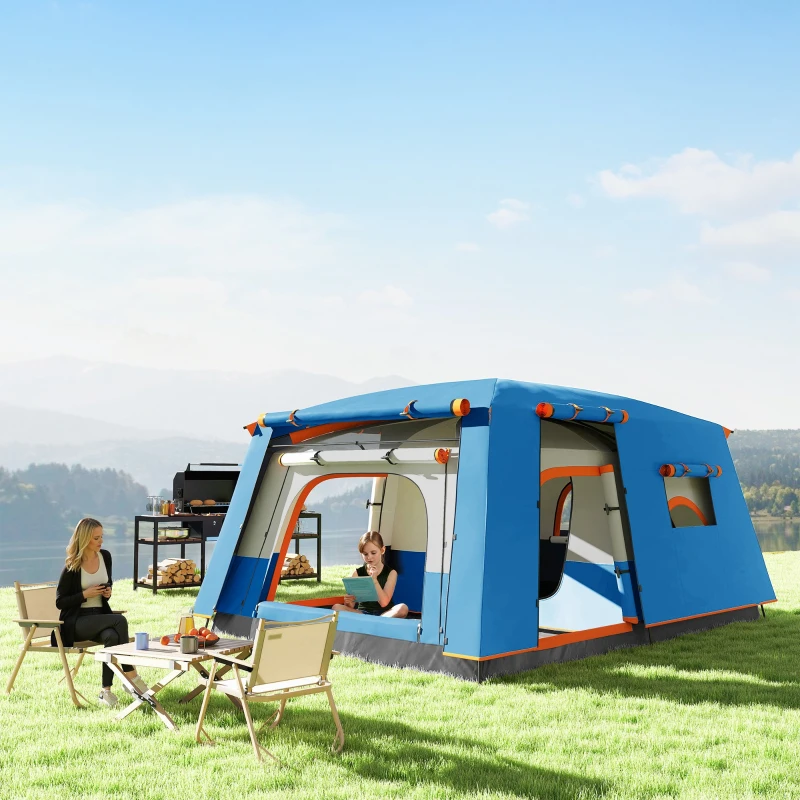 Outsunny Tente de Camping Familiale 4-6 Personnes avec 2 Chambres Espace de Vie et Protection Imperméable 430x305 cm Gris et Bleu