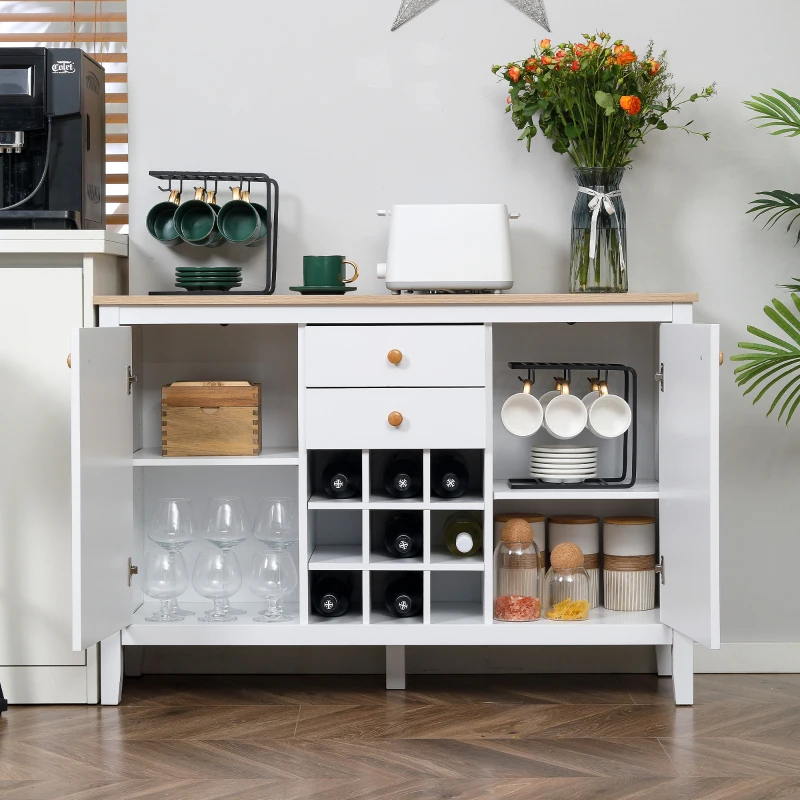 HOMCOM Mobile Buffet da Cucina con 2 Cassetti, 2 Porte Ripiani Regolabili e Portabottiglie per 9 Bottiglie, Bianco