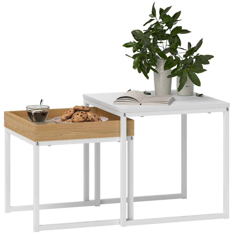 HOMCOM Table Basse Moderne, Ensemble de 2 Tables Basses, pour Petits Espaces, Carrées, MDF, Métal, Blanc