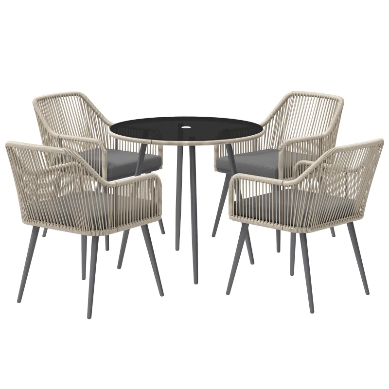 Outsunny Conjunto de mesa y sillas de jardín exterior de resina trenzada para 4 personas - cojines y mesa redonda de vidrio
