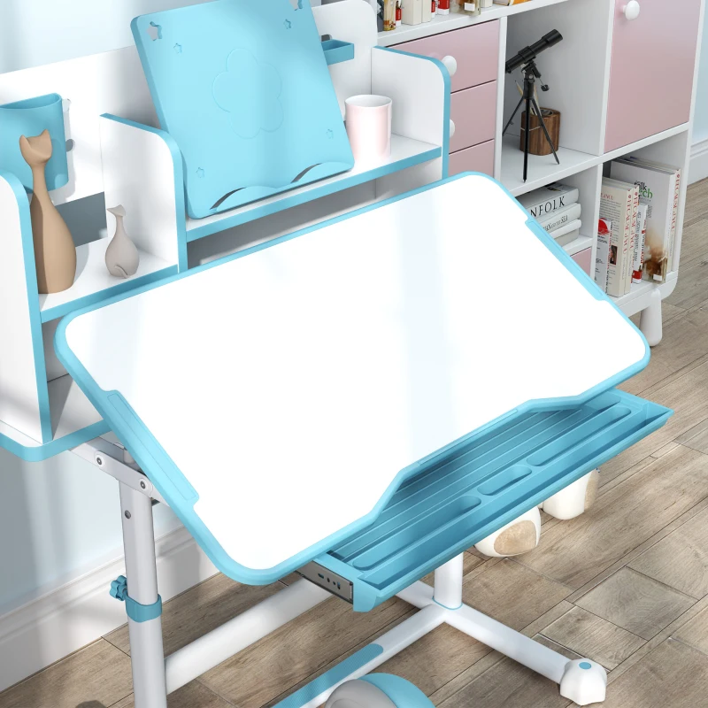 AIYAPLAY Set Bureau et Chaise pour Enfants Réglables, Banc d'École avec Plan Inclinable, Tiroir, Étagère, Bleu