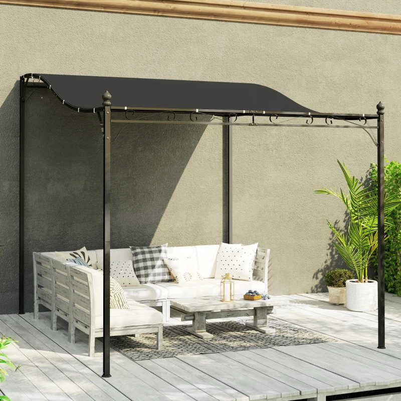 Outsunny Pergola da Giardino 2.5 x 3 m, Montata a Parete, Impermeabile, Struttura in Metallo, Fori di Drenaggio, Copertura Parasole, Grigio Scuro