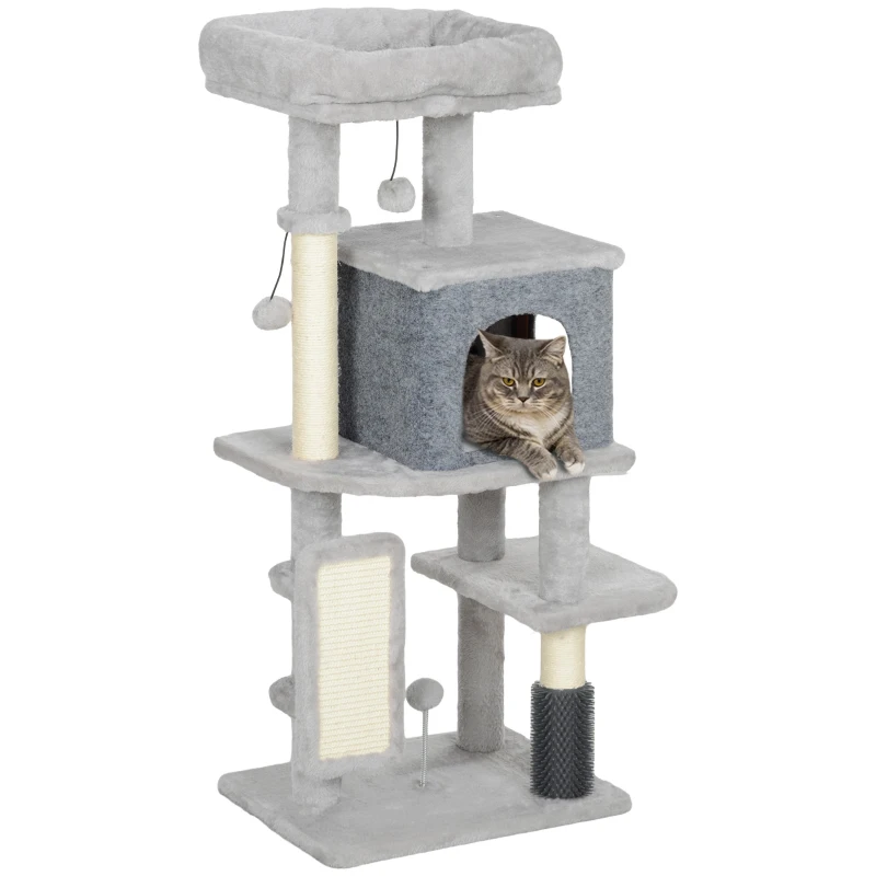PawHut Albero per Gatti, Torre Giochi, Altezza di 104 cm, con Lettino Casetta, Spazzola per Toelettatura, 44 L x 34 P x 104 H cm, Grigio Chiaro