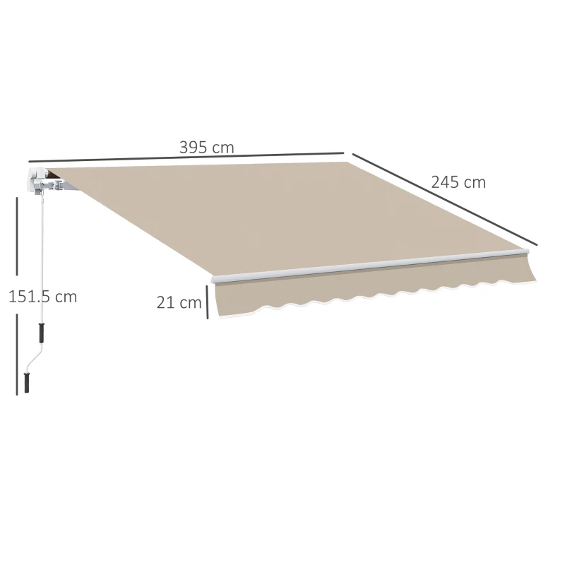 Outsunny Buiten handbediende knikarmluifel 4m met handslinger aluminium wit + beige(m-4)