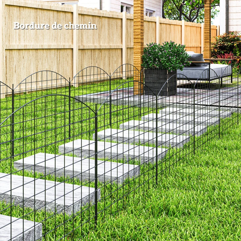 Outsunny Valla de jardín en metal valla decorativa lote de 6 para vegetales borde de camino 460x97 cm Negro