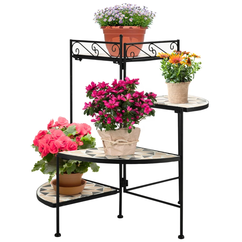 Outsunny Support à fleurs Escalier de plantes pliant décoratif pour intérieur et extérieur jardin balcon Métal Carreaux de céramique Noir+Beige 64 x 64 x 72 cm