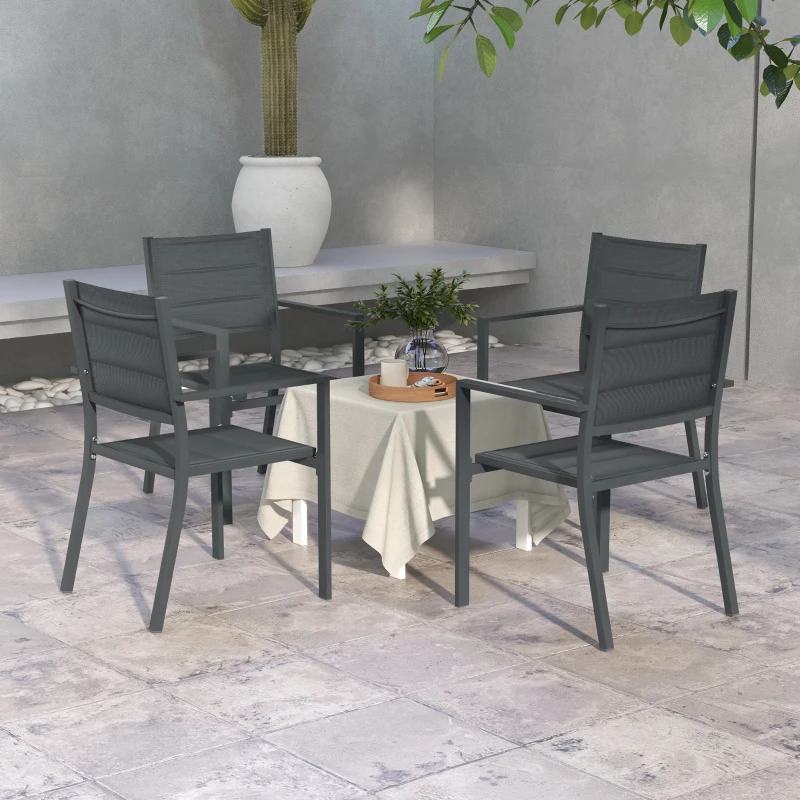 Outsunny Conjunto de 4 sillas de jardín apilables en aluminio y textileno con reposabrazos, lote de 4 piezas para exterior