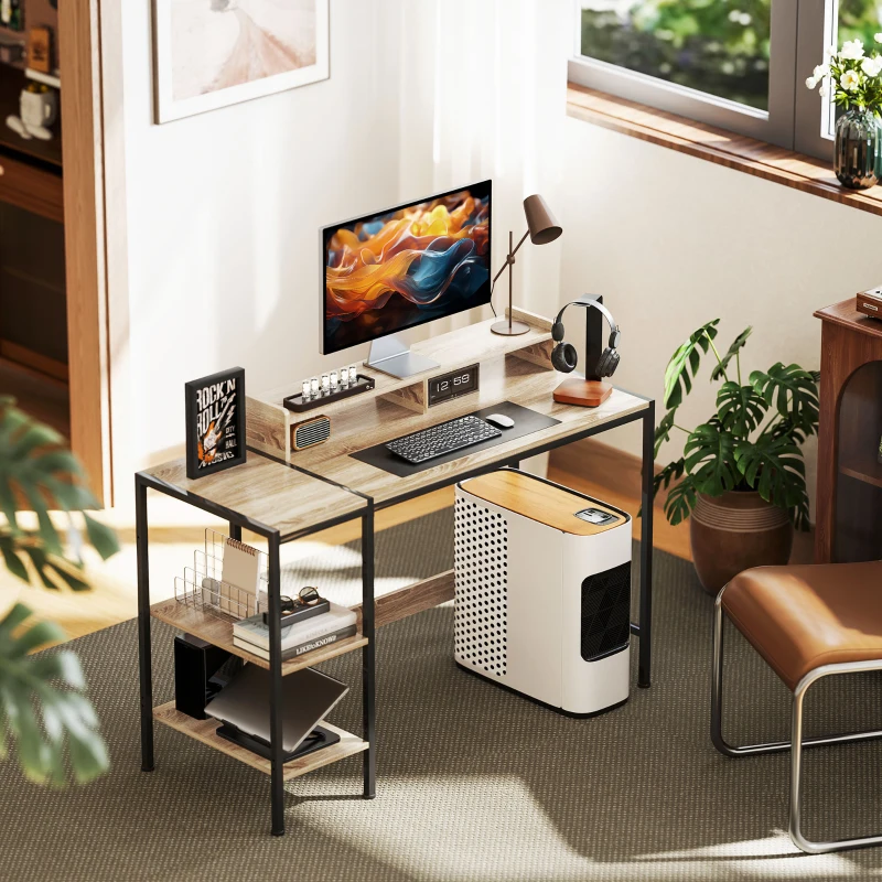 HOMCOM Scrivania per computer con scaffali laterali regolabili e telaio in acciaio, Rovere