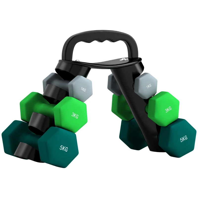 SPORTNOW Set di manubri esagonali, manubri per bodybuilding, 2 x 1 kg, 2 x 3 kg, 2 x 5 kg, con supporto trasformabile in manubri,