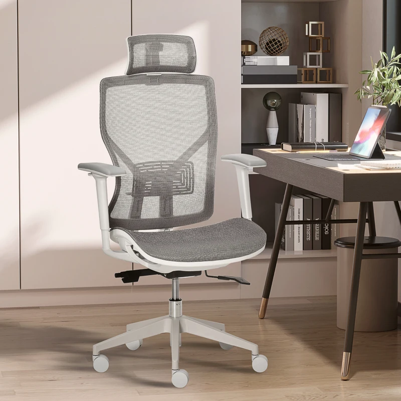 Vinsetto Fauteuil de Bureau Chaise de Bureau Chaise de Jeu avec Appuie-tête Coussin Lombaire Accoudoirs 3D 3 Étapes Roues Pivotantes à 360° Réglable en Hauteur Ergonomique Tissu en Maille Mousse Gris 67 x 65 x 120-128 cm