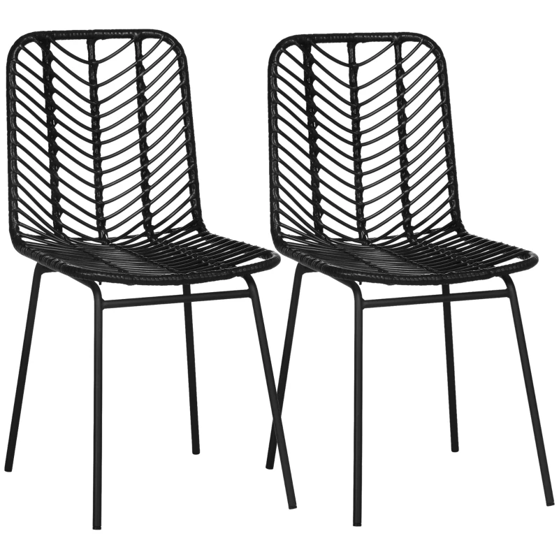 HOMCOM Set di 2 sedie da sala da pranzo in stile bohémien, in resina intrecciata e struttura in metallo, 44 x 58 x 85 cm, Nero