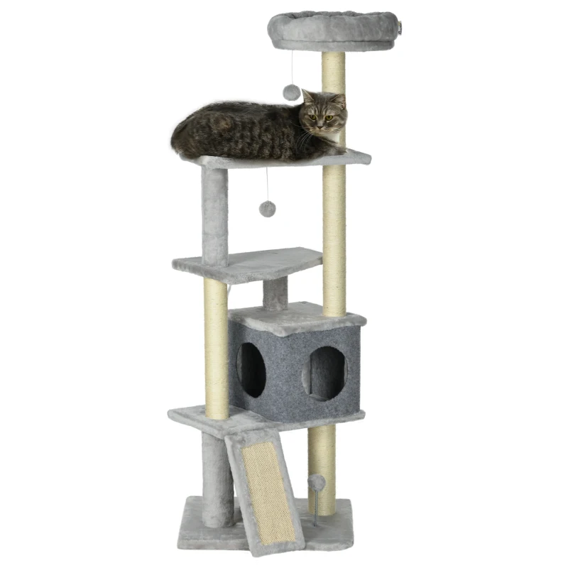 PawHut Albero per gatti albero per arrampicarsi per gatti multi-accessori tiragraffi 4 piattaforme 1 nicchia 1 cestino altezza 146 cm grigio