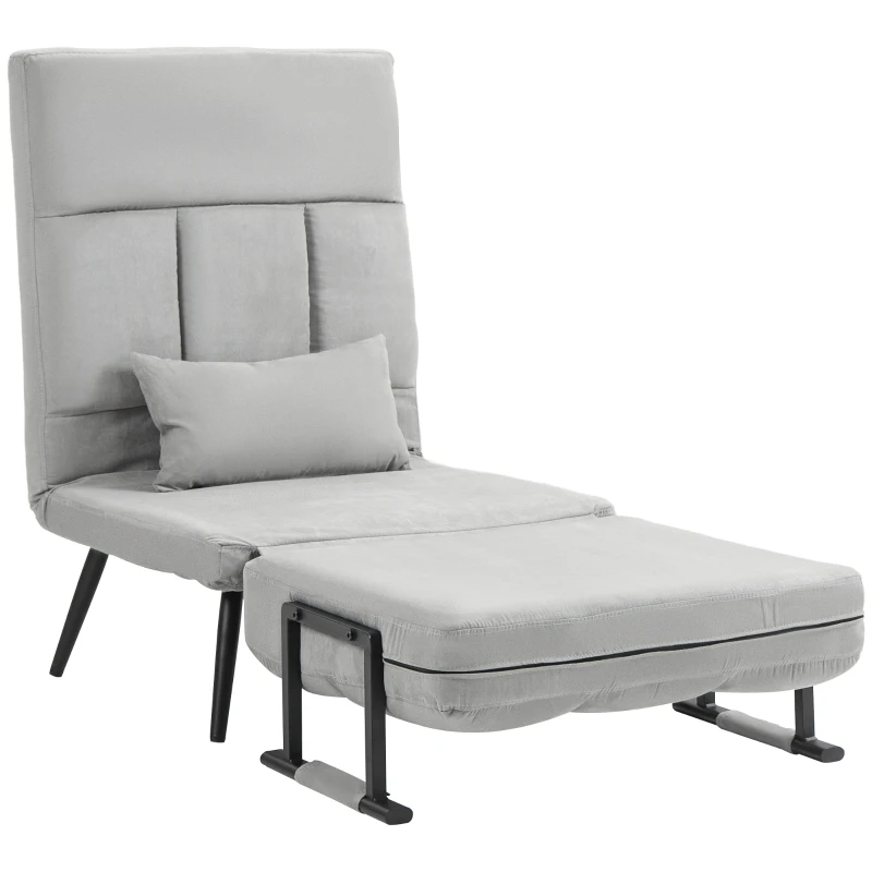 HOMCOM Sillón convertible 3 en 1 cama 1 lugar respaldo reclinable 5 posiciones apoyabrazos y cojín tela efecto terciopelo Gris