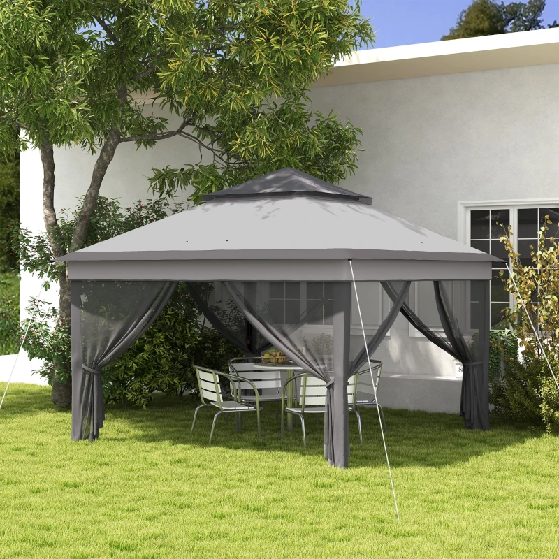 Outsunny Tonnelle avec Moustiquaires Réglable sur 3 Niveaux, en Acier et tissu Oxford, 326x326x272 cm, Gris Clair et Foncé