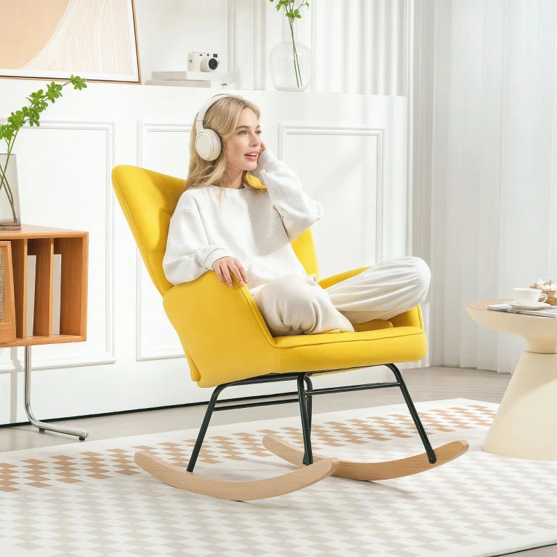 HOMCOM Sillón Mecedora revestimiento en terciopelo estructura de acero 71x98x101 cm Amarillo